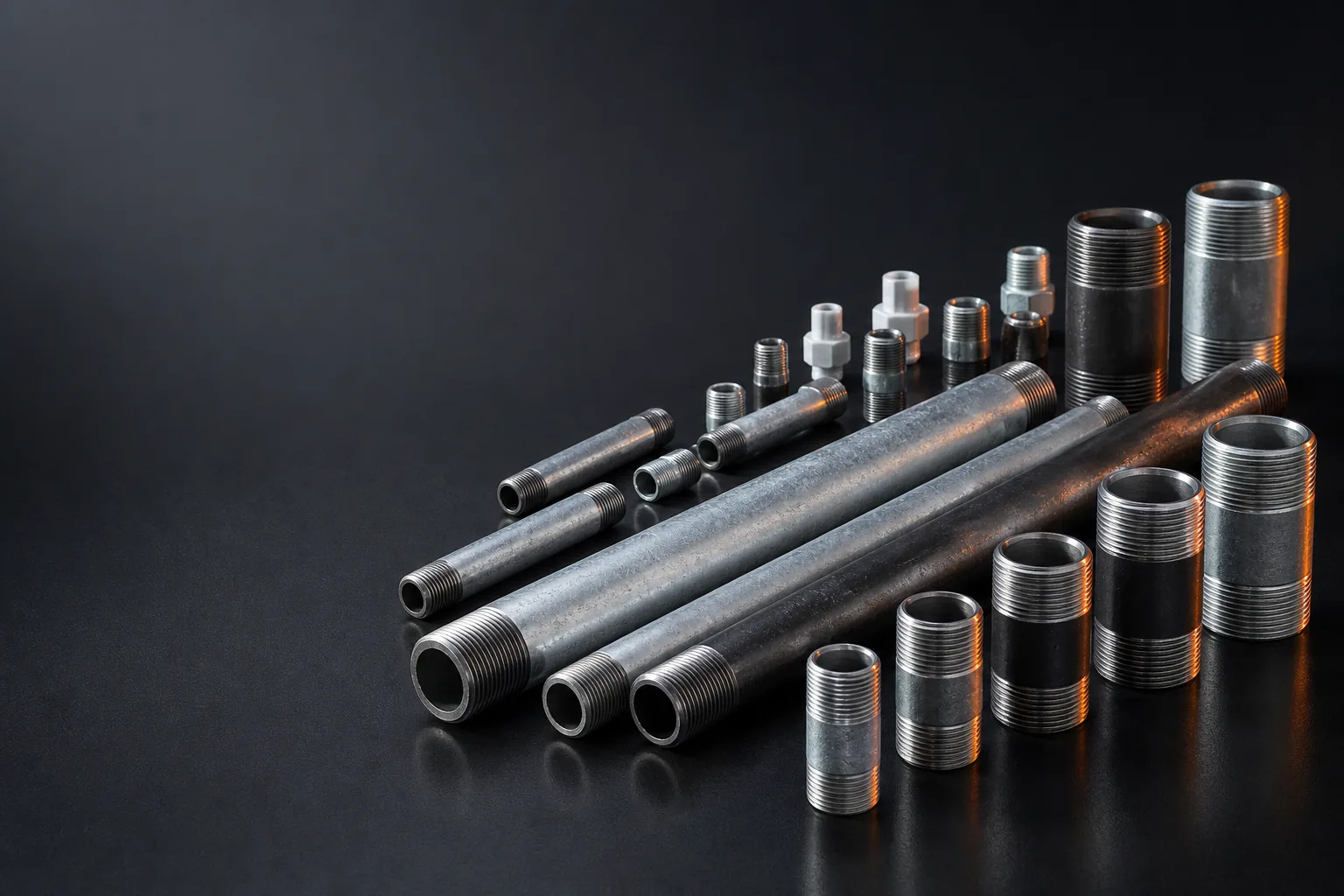 RPN rolled-thread steel pipe nipples in black and galvanized finishes on a dark studio background
